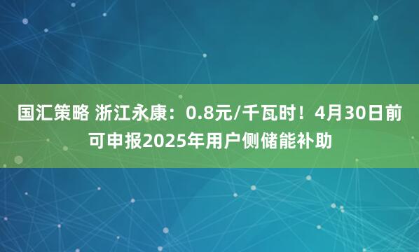 国汇策略 浙江永康：0.8元/千瓦时！4月30日前可申报2025年用户侧储能补助